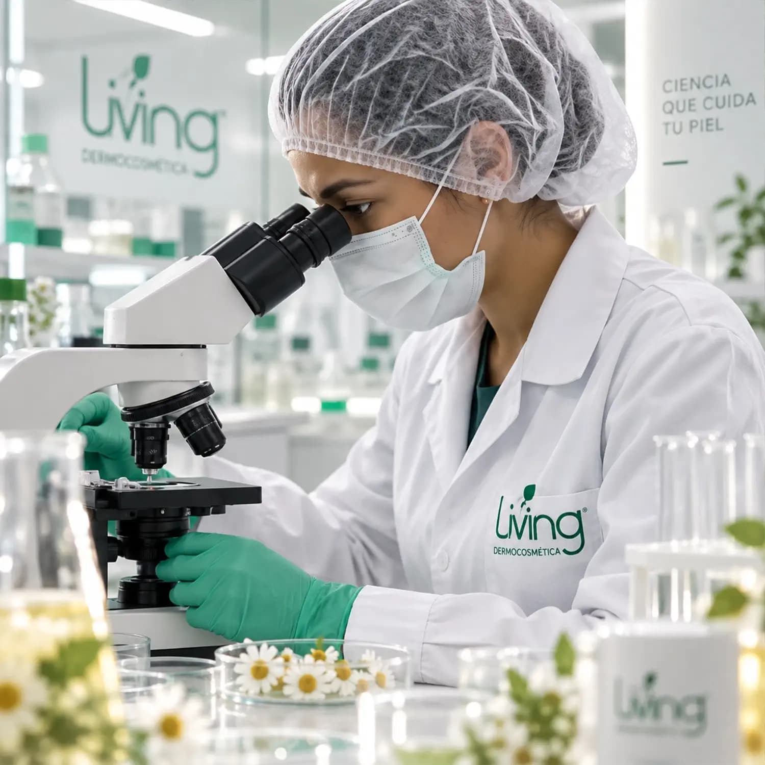 Especialista de Living observando una muestra en el microscopio